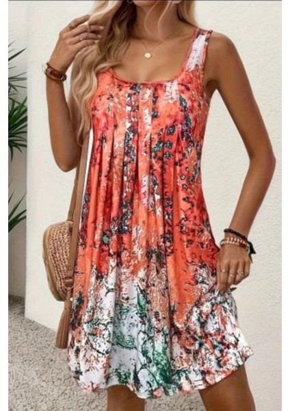 Sıfır Kol Pileli Salaş Kesim Süprem Elbise - Desenli