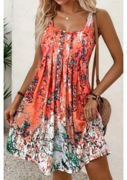 Sıfır Kol Pileli Salaş Kesim Süprem Elbise - Desenli fiyatları