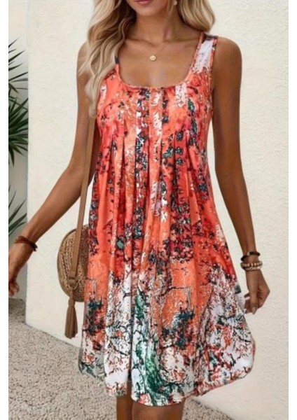 Sıfır Kol Pileli Salaş Kesim Süprem Elbise - Desenli modelleri