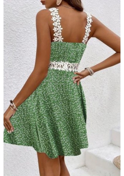 Askılı Çiçek Desenli Dantel Detaylı Elbise - Yeşil modelleri