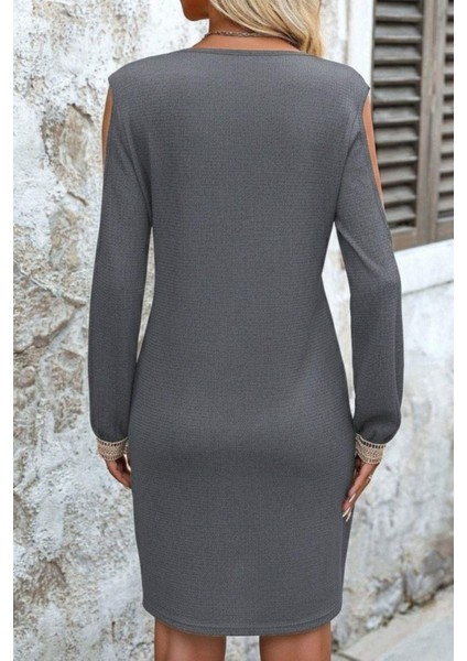 Omuz Açık V Yaka Dantelli Uzun Kol Waffle Mini Elbise - Gri modelleri