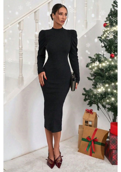 Prenses Kol Kaşkorse Midi Boy Elbise Siyah modelleri