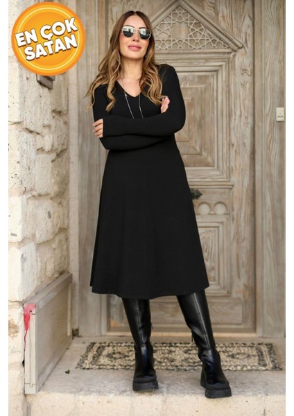 V Yaka Salaş Midi Boy Viskon Iki Iplik Elbise Siyah