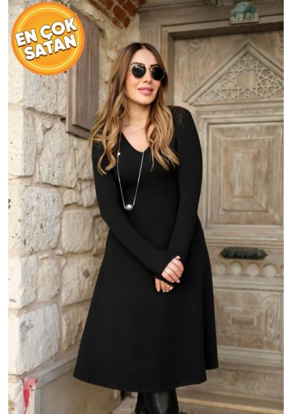 V Yaka Salaş Midi Boy Viskon Iki Iplik Elbise Siyah fiyatları