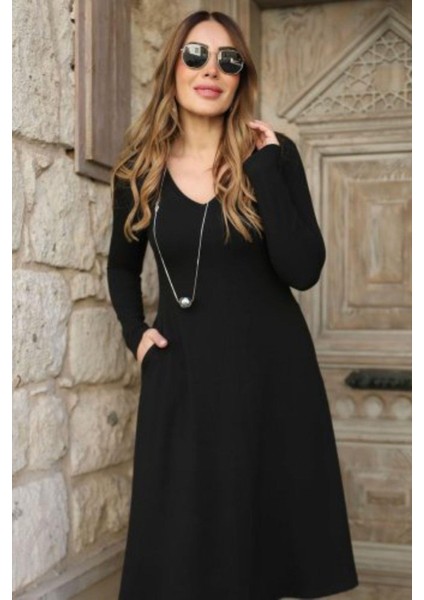 V Yaka Salaş Midi Boy Viskon Iki Iplik Elbise Siyah modelleri