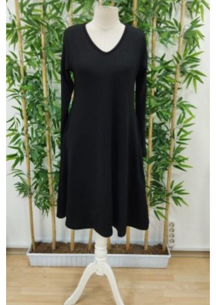 V Yaka Salaş Midi Boy Viskon Iki Iplik Elbise Siyah fırsatları