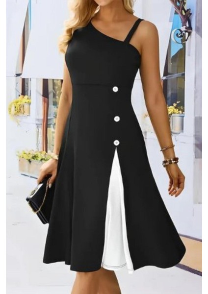 Tek Omuz Düğme Detaylı Krep Elbise - Siyah