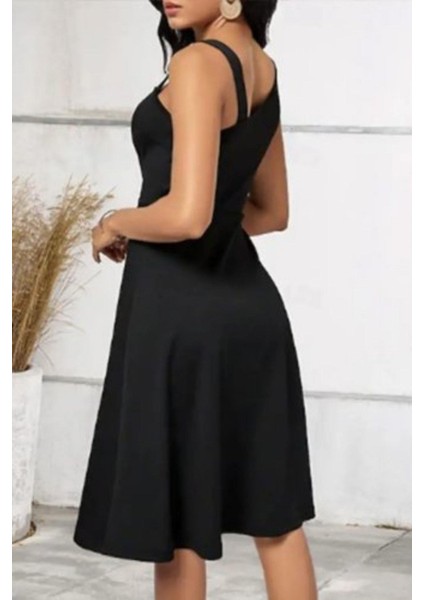 Tek Omuz Düğme Detaylı Krep Elbise - Siyah fiyatları