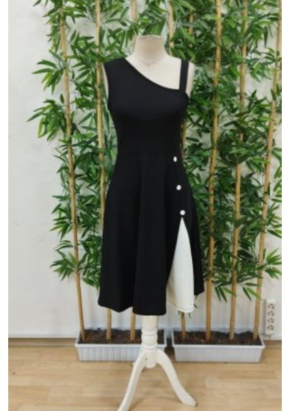 Tek Omuz Düğme Detaylı Krep Elbise - Siyah modelleri