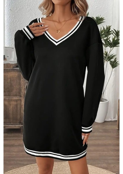 V Yaka Şerit Detaylı Iki Iplik Viskon Elbise Siyah
