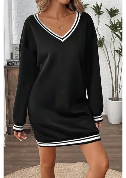 V Yaka Şerit Detaylı Iki Iplik Viskon Elbise Siyah fiyatları
