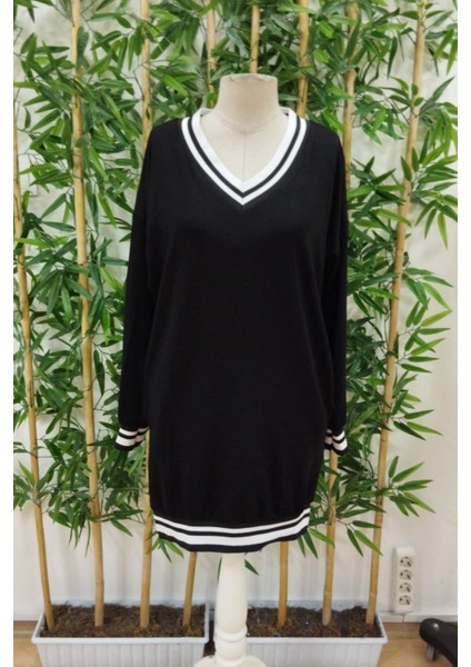 V Yaka Şerit Detaylı Iki Iplik Viskon Elbise Siyah fırsatları