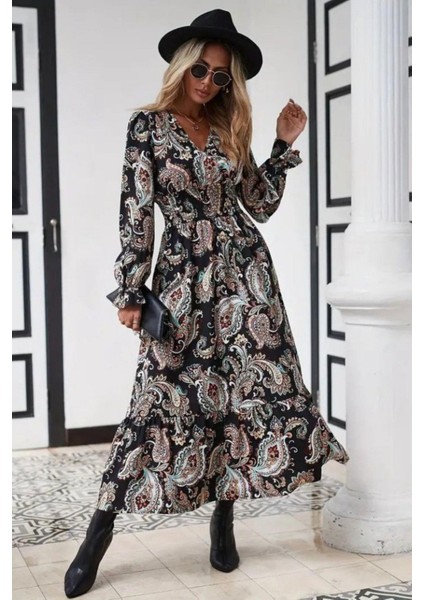 Desenli Uzun Kol Beli Lastikli Elbise - Siyah