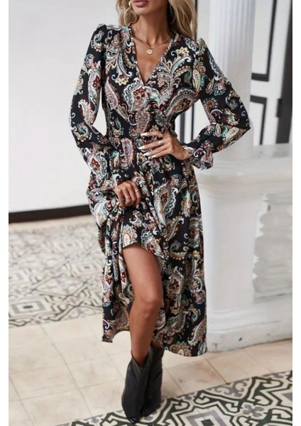 Desenli Uzun Kol Beli Lastikli Elbise - Siyah fiyatları