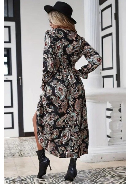 Desenli Uzun Kol Beli Lastikli Elbise - Siyah modelleri