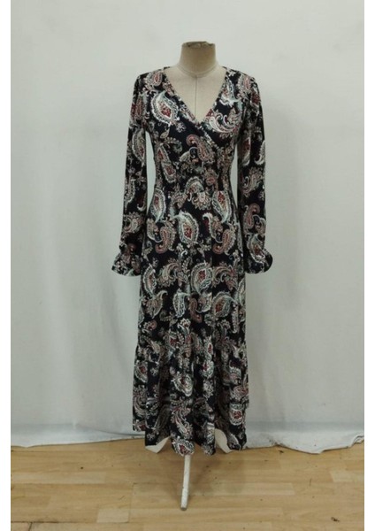 Desenli Uzun Kol Beli Lastikli Elbise - Siyah fırsatları