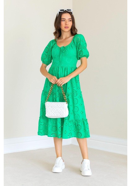 Madonna Yaka Fistolu Elbise Yeşil