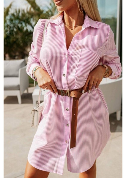 Cep Detaylı Çizgili Terikoton Gömlek Elbise Pembe