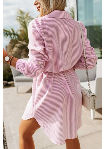 Cep Detaylı Çizgili Terikoton Gömlek Elbise Pembe fiyatları
