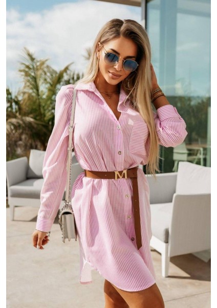 Cep Detaylı Çizgili Terikoton Gömlek Elbise Pembe modelleri