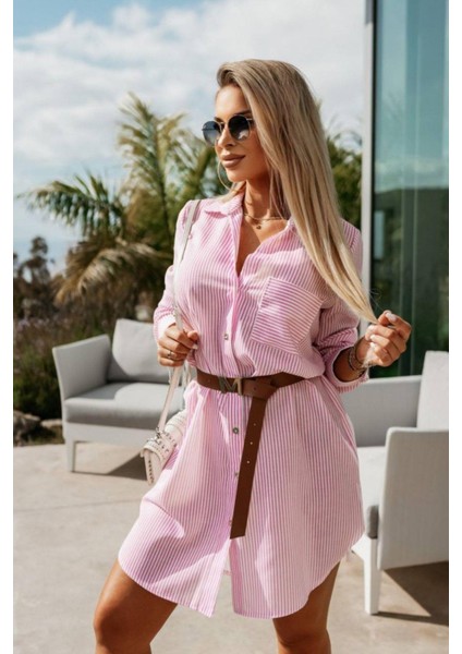 Cep Detaylı Çizgili Terikoton Gömlek Elbise Pembe fırsatları