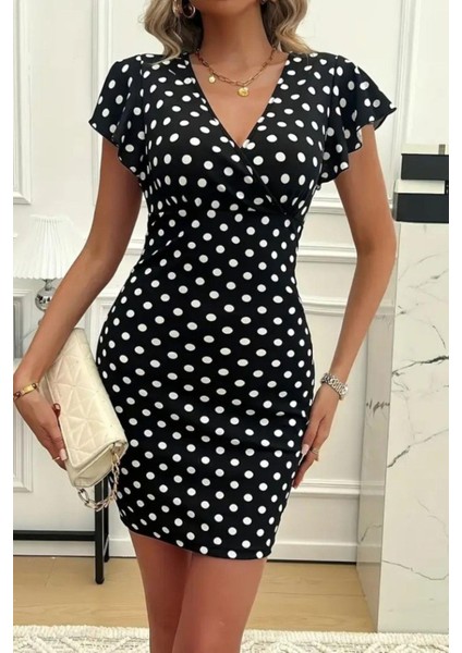 Kruvaze Yaka Puantiye Desen Krep Elbise Siyah