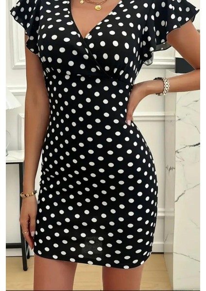 Kruvaze Yaka Puantiye Desen Krep Elbise Siyah fiyatları