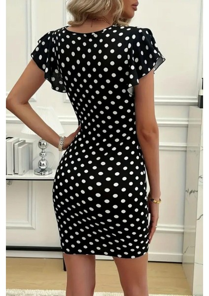 Kruvaze Yaka Puantiye Desen Krep Elbise Siyah modelleri