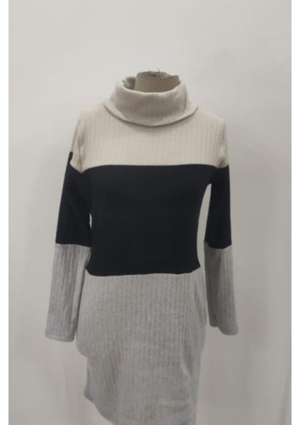 Balıkçı Yaka Renk Bloklu Şardonlu Kaşkorse Elbise - Siyah modelleri