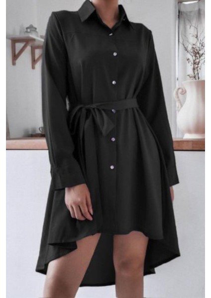 Kuşaklı Terikoton Gömlek Elbise Siyah