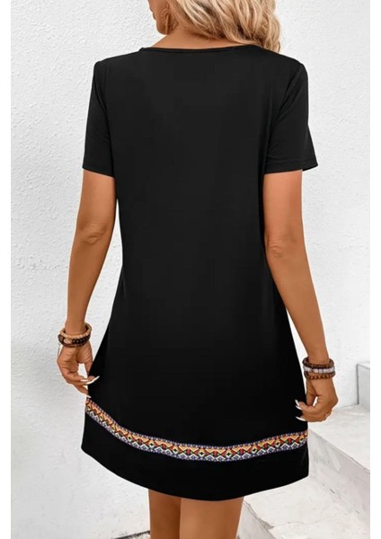 Etnik Desen Şerit Detaylı Viskon Elbise Siyah modelleri