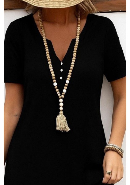 V Yaka Kısa Kollu Etek Ucu Desenli Viskon Elbise - Siyah fiyatları