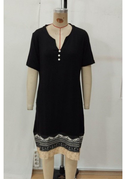 V Yaka Kısa Kollu Etek Ucu Desenli Viskon Elbise - Siyah fırsatları