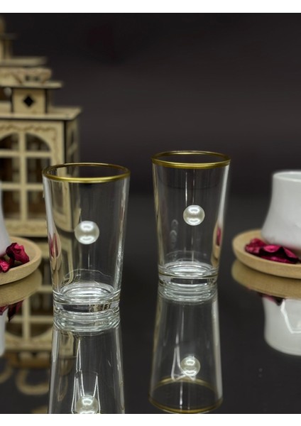 Altın Yaldızlı Beyaz Inci Detaylı Kahve Yanı Bardak 2’li