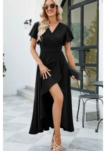 Kruvaze Yaka Volan Detaylı Krep Elbise - Siyah