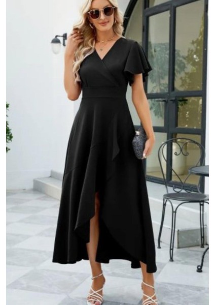 Kruvaze Yaka Volan Detaylı Krep Elbise - Siyah fiyatları