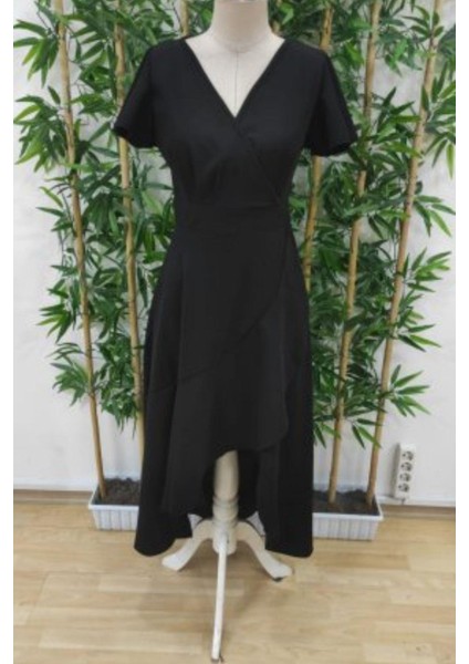 Kruvaze Yaka Volan Detaylı Krep Elbise - Siyah modelleri