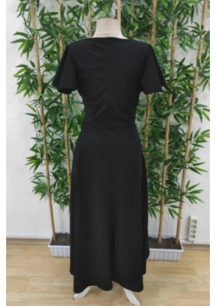 Kruvaze Yaka Volan Detaylı Krep Elbise - Siyah fırsatları