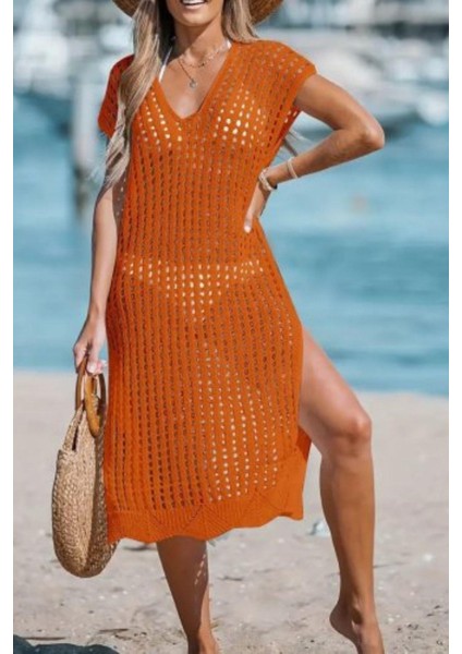 V Yaka Derin Yırtmaçlı Midi Triko Elbise - Turuncu