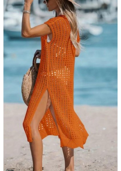 V Yaka Derin Yırtmaçlı Midi Triko Elbise - Turuncu fiyatları