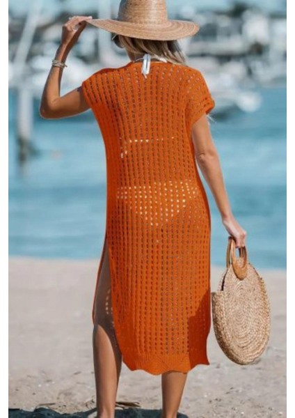 V Yaka Derin Yırtmaçlı Midi Triko Elbise - Turuncu modelleri