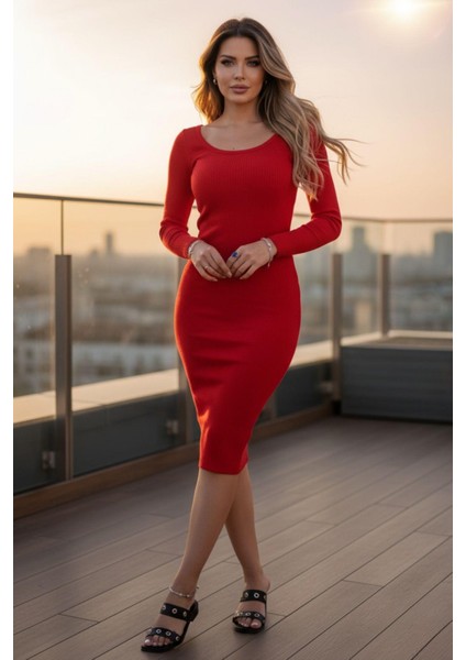 Kare Yaka Fitilli Likralı Elbise Kırmızı