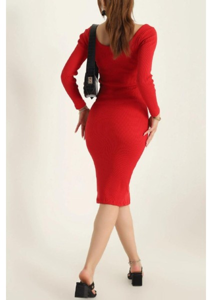 Kare Yaka Fitilli Likralı Elbise Kırmızı modelleri