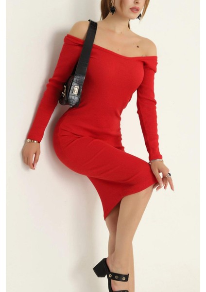 Kare Yaka Fitilli Likralı Elbise Kırmızı fırsatları