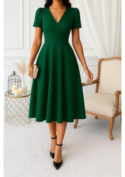 Kruvaze Yaka Kısa Kollu Midi Krep Elbise - Yeşil