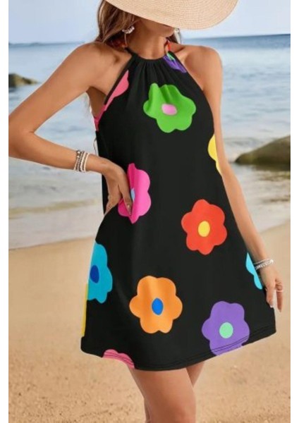 Çiçek Desenli Halter Yaka Mini Süprem Elbise - Siyah