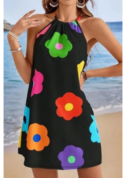 Çiçek Desenli Halter Yaka Mini Süprem Elbise - Siyah fiyatları