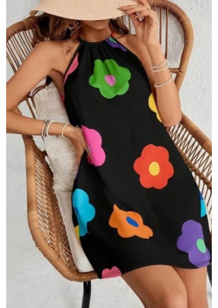 Çiçek Desenli Halter Yaka Mini Süprem Elbise - Siyah modelleri