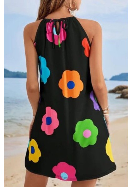Çiçek Desenli Halter Yaka Mini Süprem Elbise - Siyah fırsatları