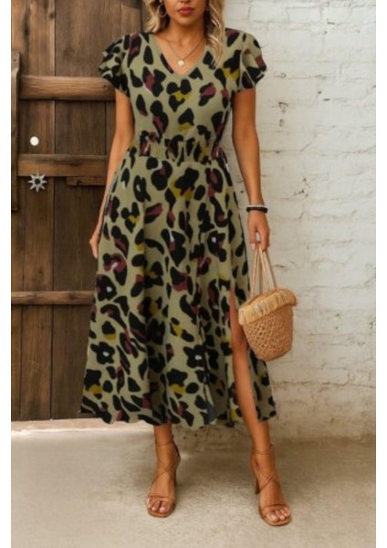 V Yaka Desenli Yırtmaçlı Süprem Elbise - Leopar